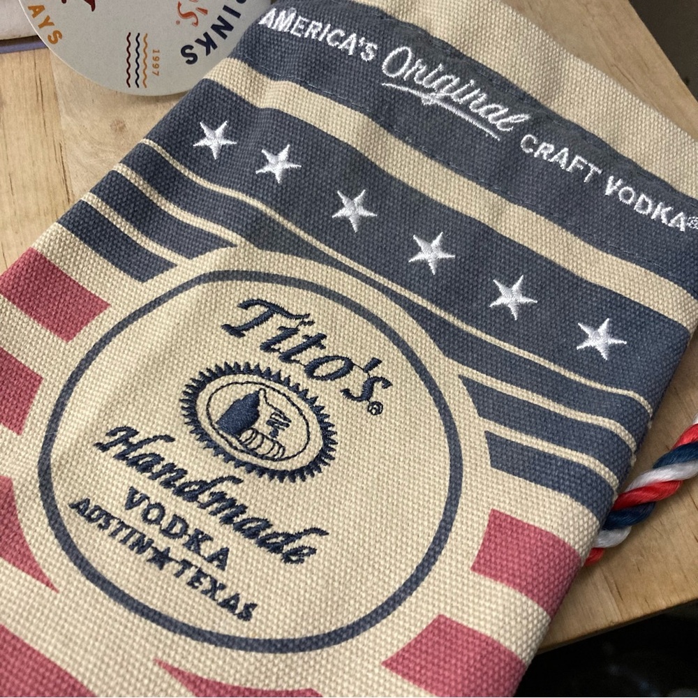 Tito's Handmade Vodka Burlap Embroidered Bottle bag Red White and Blue Ties